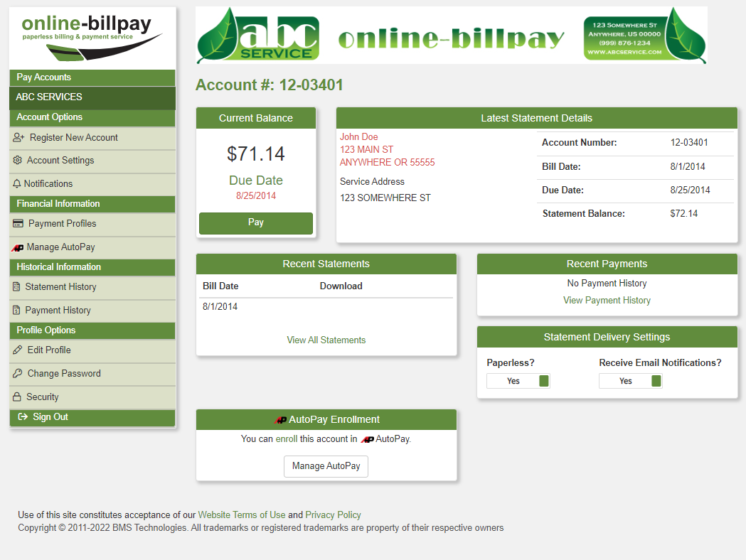 Online-Billpay customer account page