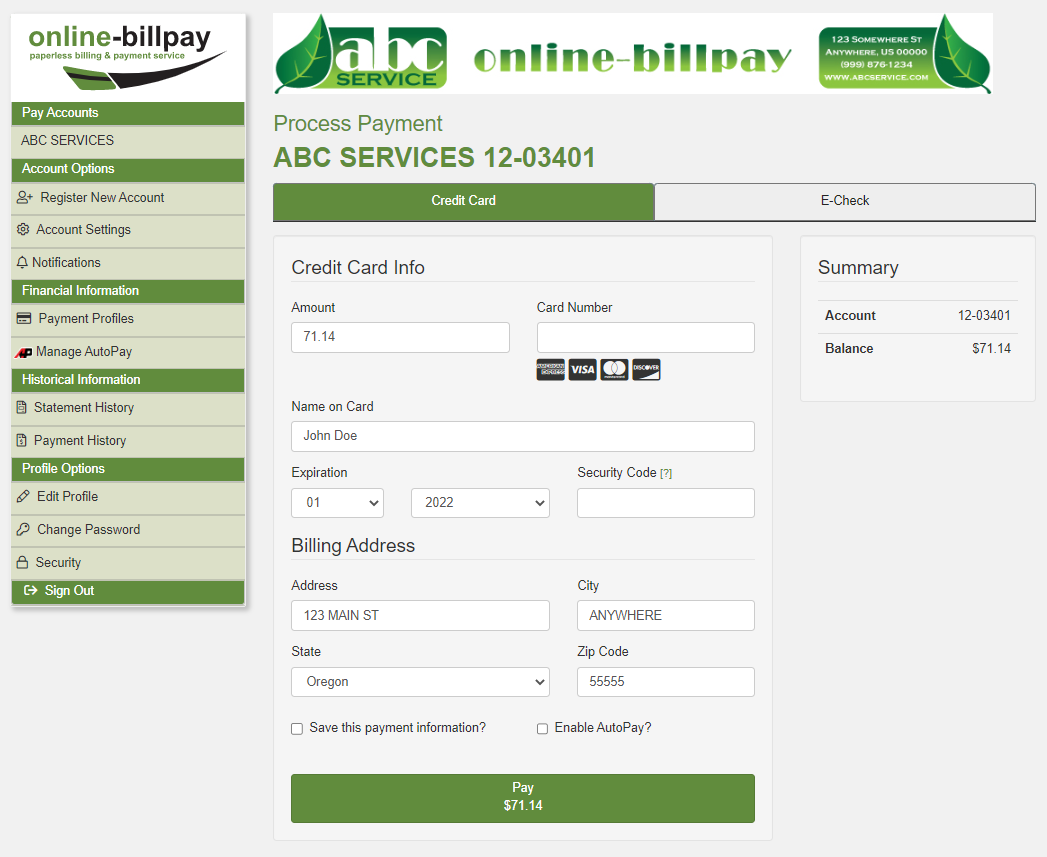 Online-Billpay customer payment page